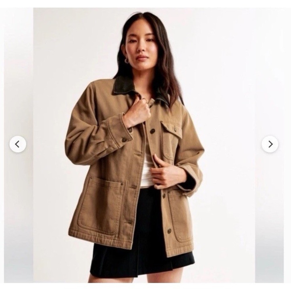 Abercrombie & Fitch Barn Jacket Size Large 90s Brown Canvas Chore Coat Collar - Picture 4 of 13